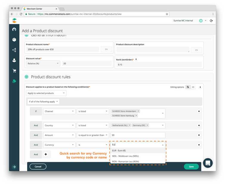 Screen Product Discount Rule builder Currency