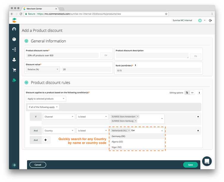 Screen Product Discount Rule builder Country