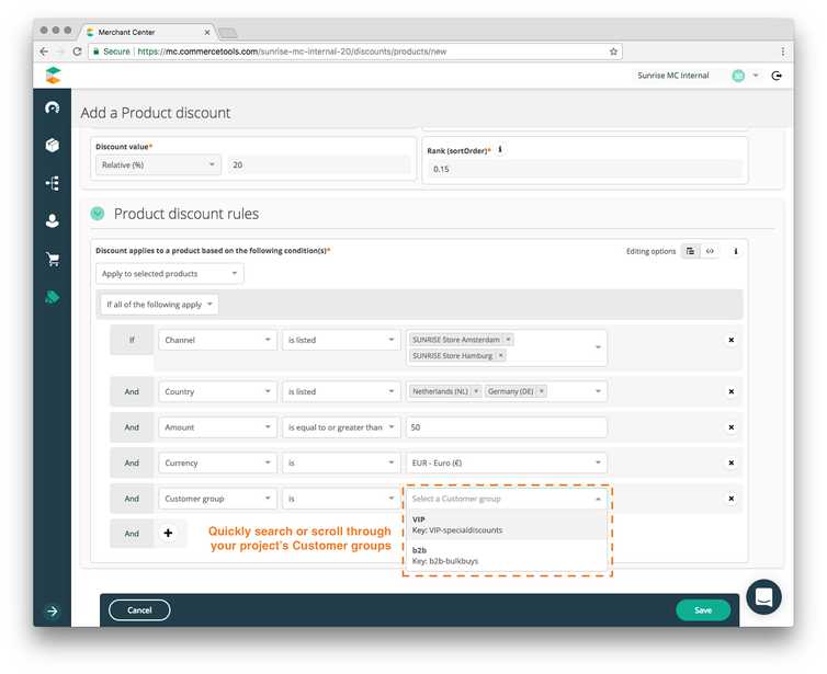 Screen Product Discunt Rule builder Customer group